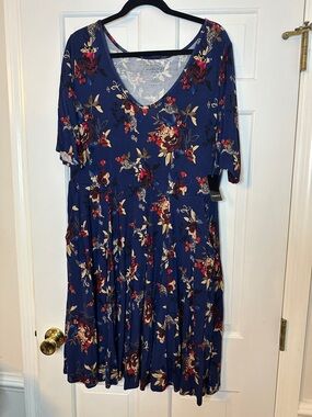 torrid Navy Floral V-Neck Midi Dress with Burgundy & Cream Blooms